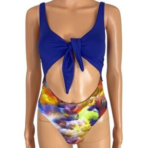 Zuiki Reversible One Piece Swimsuit Blue Abstract Cloud‎ Print Cutout Tie Front
